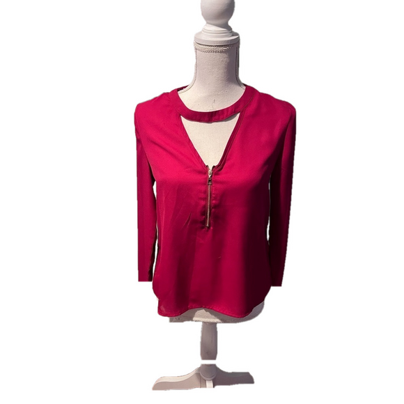 BURGUNDY LONG SLEEVE BLOUSE WITH GOLD ZIPPER - Picture 1 of 1